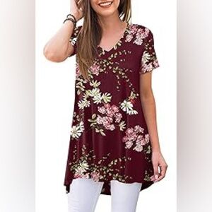 Floral Burgundy Shirt Women’s 2XL Cold Shoulder Hankie Loose Flowy Tunic Summer